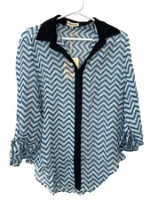 Everybody Talks Sheer Chevron Button Front Shirt Size Medium Blue White Poly NEW
