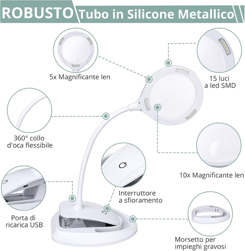 Lente Di Ingrandimento Con Lampade LED Da Tavolo Ingrandimento Professionale 5X - Foto 2 di 12