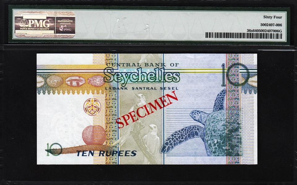 SEYCHELLES 10 RUPIAS 1998, MUESTRA, PMG 64 ELECCIÓN UNC, P-36s, AE 000000 Foto 2 de 4