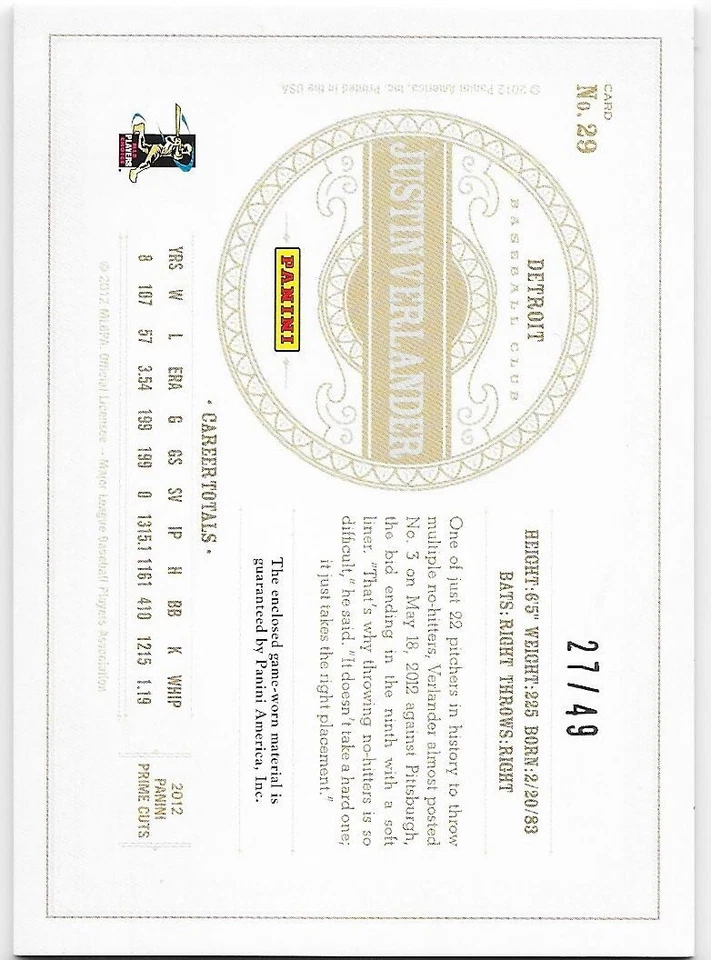 2012 Playoff Prime Cuts Justin Verlander 27/49 Century Game Used Jersey #29 - Image 2 of 2
