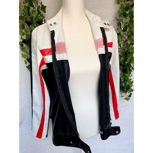 Schwarz creme rot Streifen Pleather Reißverschluss hochgeschlossen Bikerjacke Damen Small - Bild 2 von 11