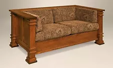 Amish Mission Arts and Crafts Loveseat Upholstered Solid Wood Back Surround