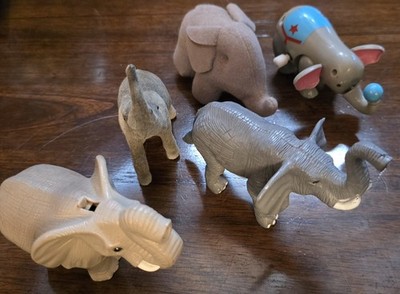 Mixed Herd of Elephants Parade Figurines Lot of 5 Stuffed, Windup, Plastic, Felt