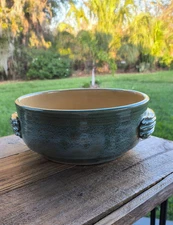 Signed CLAY POTTERY Bowl/Planter w/Handles Green Blue Creamy Yellow NEW BEAUTY 
