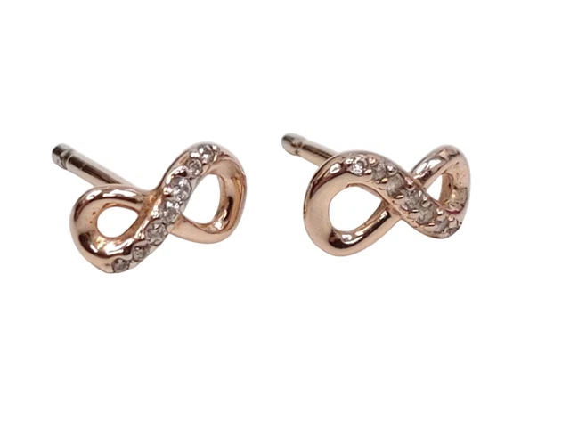 Pandora Rose Gold Infinity Stud Earrings With Sparkling Stones Signed Boxed