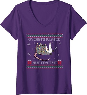 Overstimulated But Festive Possum Christmas Ugly Ladies' V-Neck Tshirt