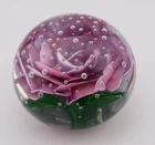 Vintage Murano Style Art Glass Paperweight with Purple Rose & Bubbles