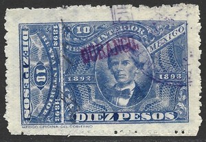 Mexico Revenue 1892 Renta Interior 10P Blue #R 101 Fine Used CV $15.00