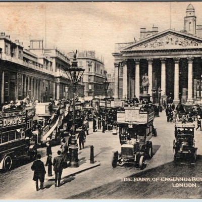 c1910s London England Bank of England Postcard Royal Exchange Bus Dewar's Soap
