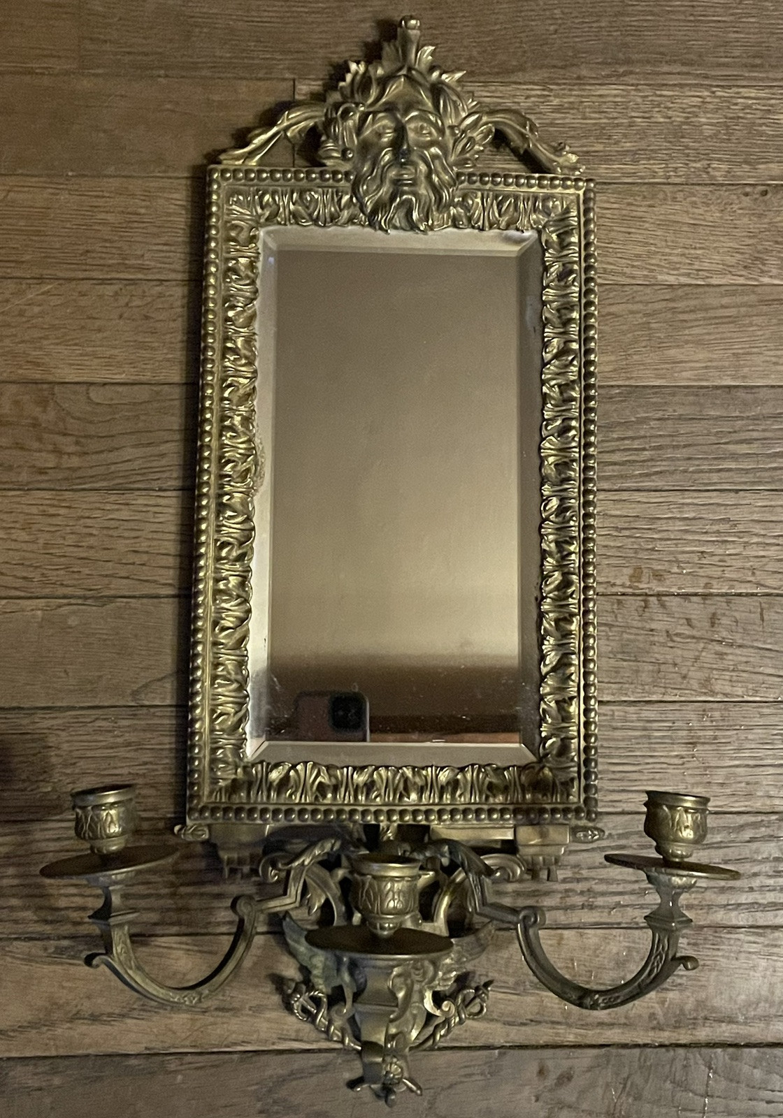 Antique Poseidon? Wall Mirror Triple Sconce Gold Brass Victorian Glass