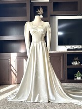 1930s–1940s Champagne Silk Satin Wedding Gown with Long Train