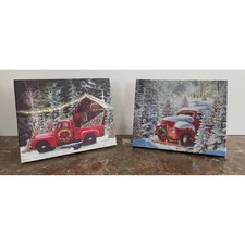 2 Celebrate Life Gallery LED Lighted Canvas Print Red Truck Snowy Forest Holiday