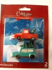 Cobblestone Corners Christmas Winter Village Set Red Pickup Truck & Car w/Tree