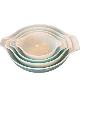食器 Vintage Pyrex Butterprint Cinderella 4pc Set of 4 PYREX Amish Butterprint Turquoise Blue White Cinderella