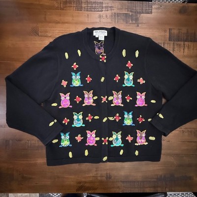 Vintage Jack B Quick Black Embroidered Owl Cardigan Sweater Women's XL