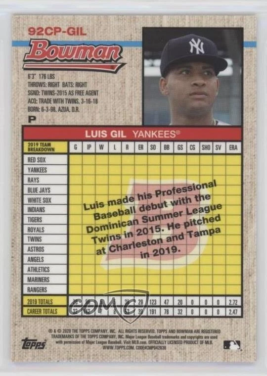 2020 Bowman Heritage Chrome Prospects Orange Refractor /25 Luis Gil #92CP-GIL - Image 2 of 2