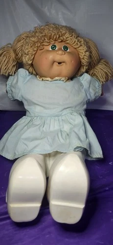 Cabbage Patch Kids Doll Blonde Yarn Hair Pigtails Green Eyes Blue Dress