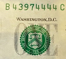 $1 FANCY NOTE "43974444", TRAILING QUAD 4'S, (5) 4'S TOTAL, COOL 96.6%