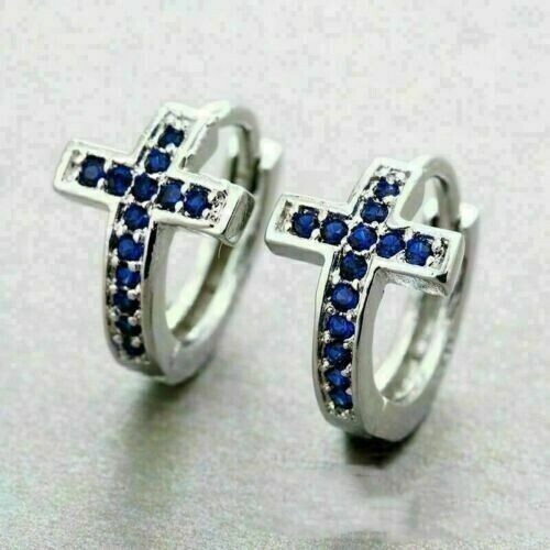 Round Cut Simulated Sapphire Cross Hoop Earrings in 14K White Gold Plated