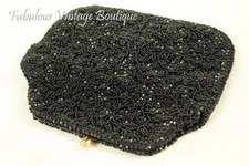 Vtg LA REGALE Black Hand Beaded Kiss Lock Eveninng Handbag Purse Clutch Purse