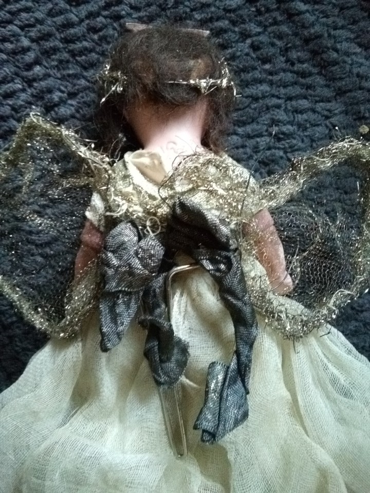 GERMAN ANTIQUE BISQUE DOLL CHRISTMAS ANGEL DRESS WINGS MARKED SMALL