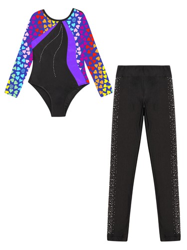 Kids Girls Leotard Figure Set Stage Outfit Mesh Pants Rhinestones Hoodie Suit - Picture 30 of 35