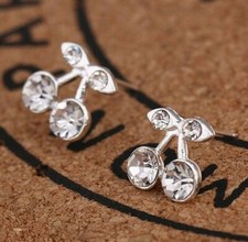 Luxury Earrings Clear Cherry Silver Crystal style Studs Women Girls Solid UK