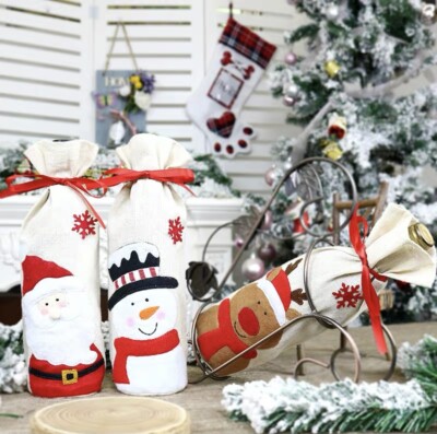 4 Christmas Wine Bottle Bags – Festive Drawstring Gift Bags With Santa, Snowman & Tree Designs For Holiday Parties & Gifts