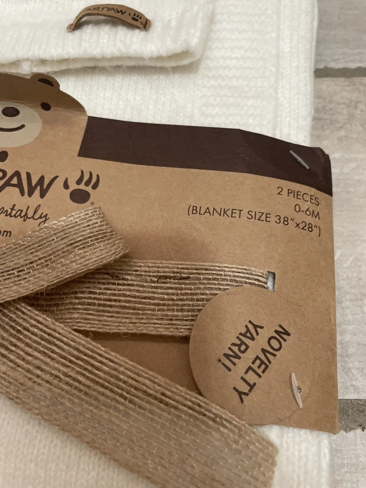 Bearpaw婴儿毯子和帽子豆豆套装0-6个月38英寸x28英寸白色熊设计全新带标签 — 第 2/3 张图片