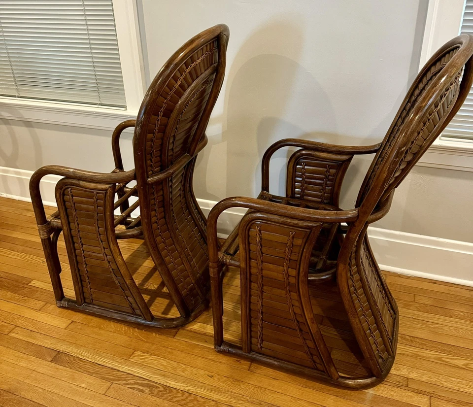 Par de sillones vintage Hollywood Regency Boho Chic madera Brent ratán abanico respaldo Foto 4 de 4