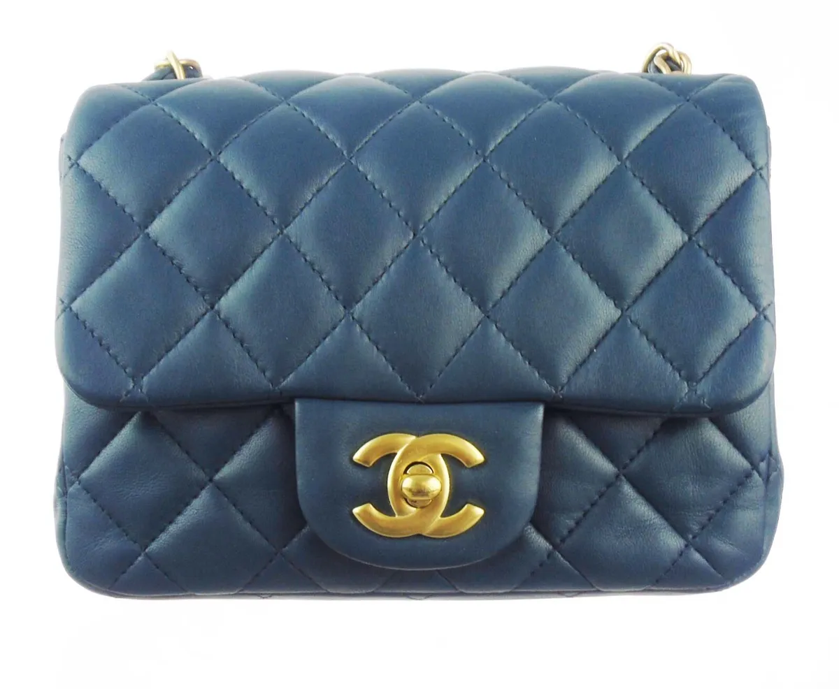 Chanel Classic Mini Square Flap Bag Blue Lambskin leather