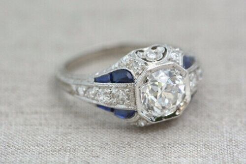 Art Deco 7.5mm White Round CREATED 14K White Gold Engagement Ring Size 7