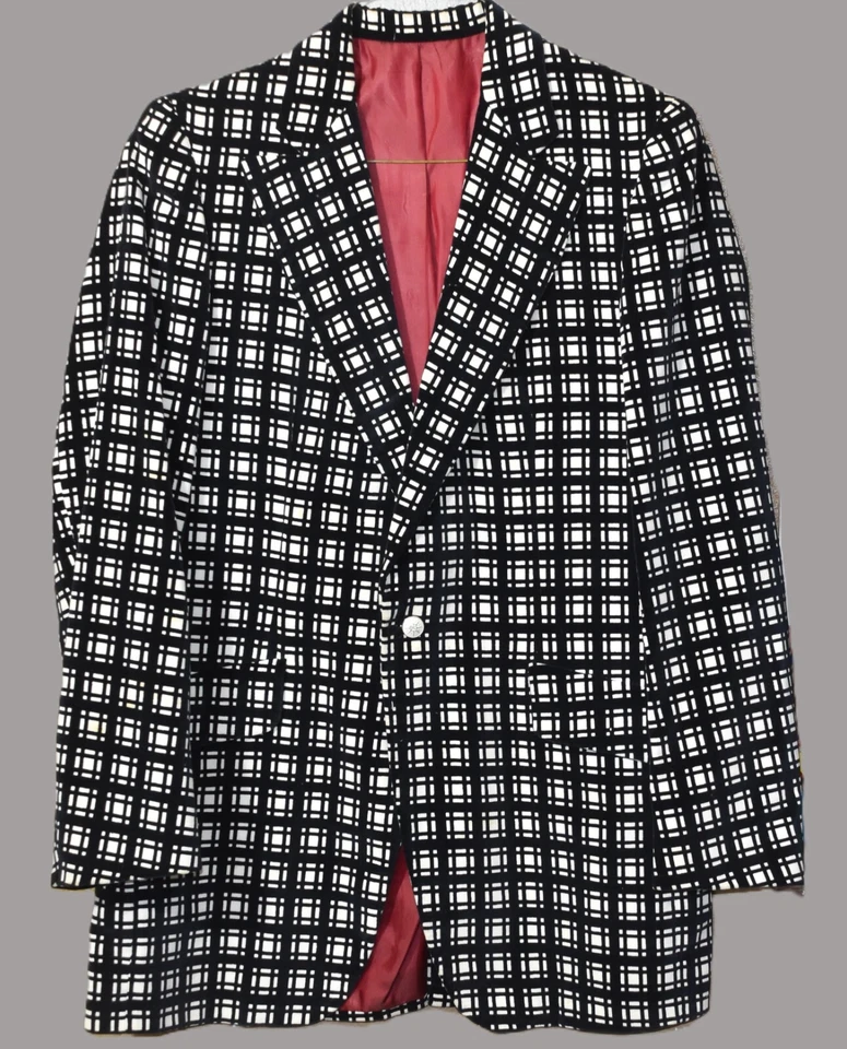 Blazer chaqueta deportiva a cuadros negro/blanco de terciopelo Alexander Shields de diseñador años 60 42 Foto 2 de 4