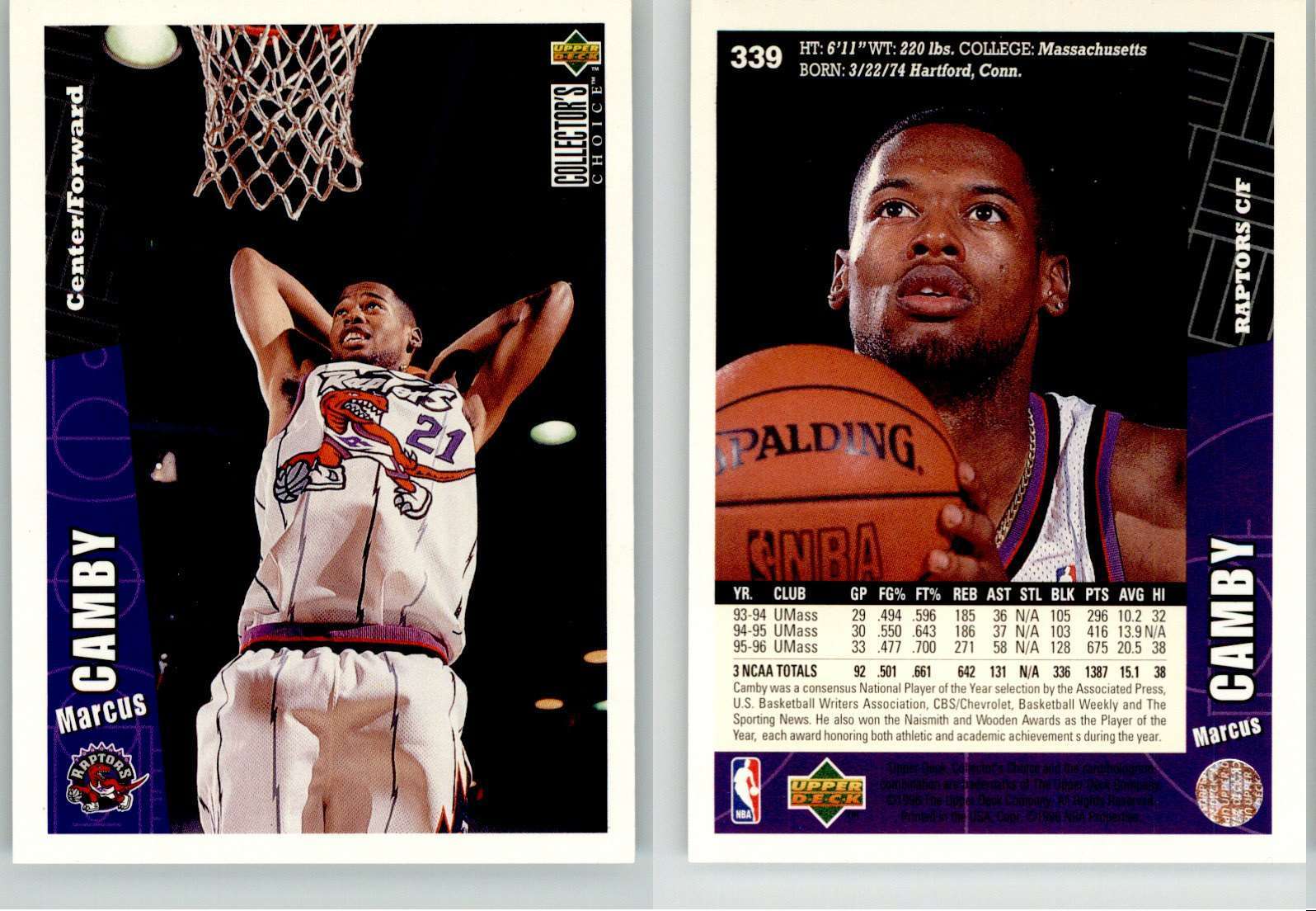 Marcus Camby 1996-97 Collector’s Choice #339 Raptors RC Rookie EX