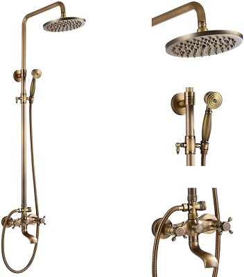 Antique Brass 8'' Round Rain Shower Head Combo Exposed Shower Faucet Set System
