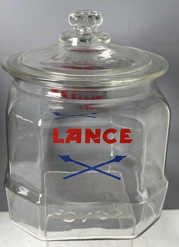 Vintage Antique Glass Lance Cracker Jar 9" Octagon Etched w Raised Ltr. Lid!