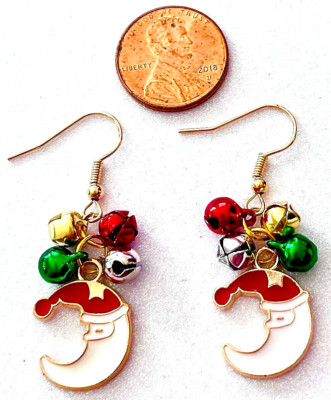 CHRISTMAS SANTA MOON EARRINGS -MULTI- BELLS-GOLD PLATED-1 3/4''-HANDCRAFTED-#892