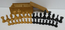 VINTAGE FRENCH BOXWOOD WOODEN CARVED ORNATE CHESS SET ORIGINAL TIMBER BOX CASE