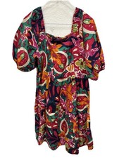 Mlle Gabrielle Tropical Dress Women L Pink Floral Smock Back Beach Boho Peasant