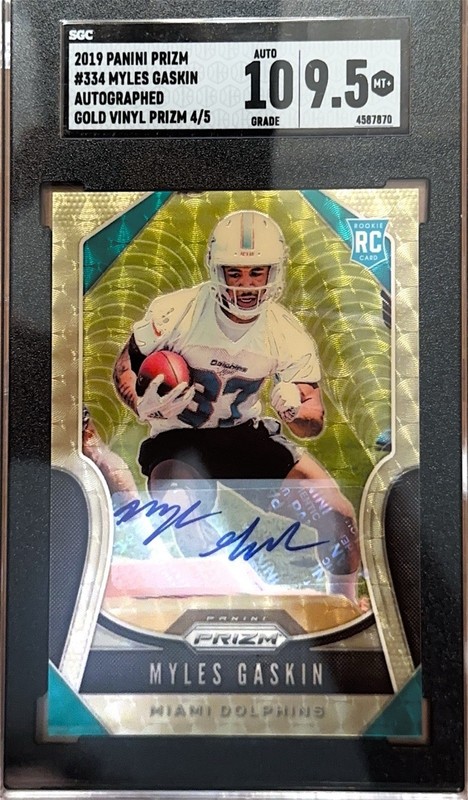2019 Panini Prizm Myles Gaskin #334 Rookie Gold Vinyl Prizm Auto 4/5 SGC 9.5