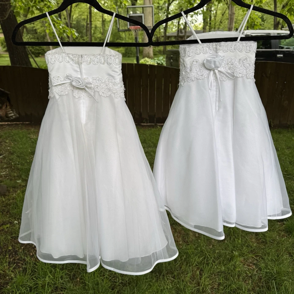 Vestido de niña flor blanco conjunto a juego 2 apliques de lentejuelas con cuentas tallas 4 y 2T Foto 3 de 4