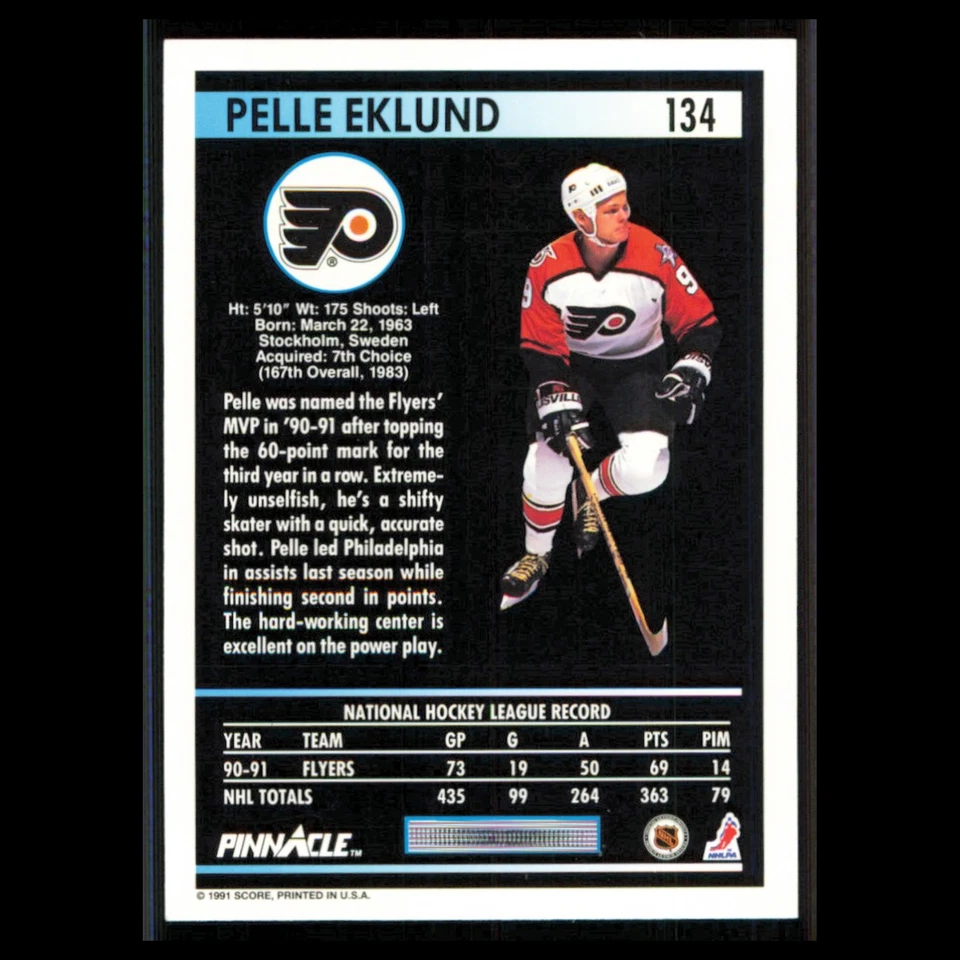 Pelle Eklund #134 1991 Pinnacle Philadelphia Flyers Hockey Card NHL NM - Image 2 of 3