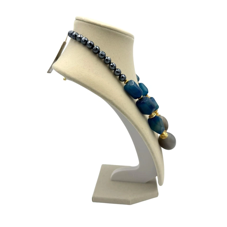 Collar corto llamativo Barse nuevo con etiquetas azul ágata gris ornamentado piedras ovaladas tono dorado Foto 2 de 4