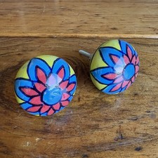 Hand painted Ceramic Drawer Pull Knobs Yellow Red Blue Flower 1.5" Set of 2