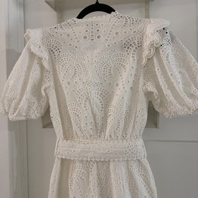 NWT FARM Rio Broderie Anglaise Puff Sleeve Jumpsuit White Bridal Belted VNeck XS