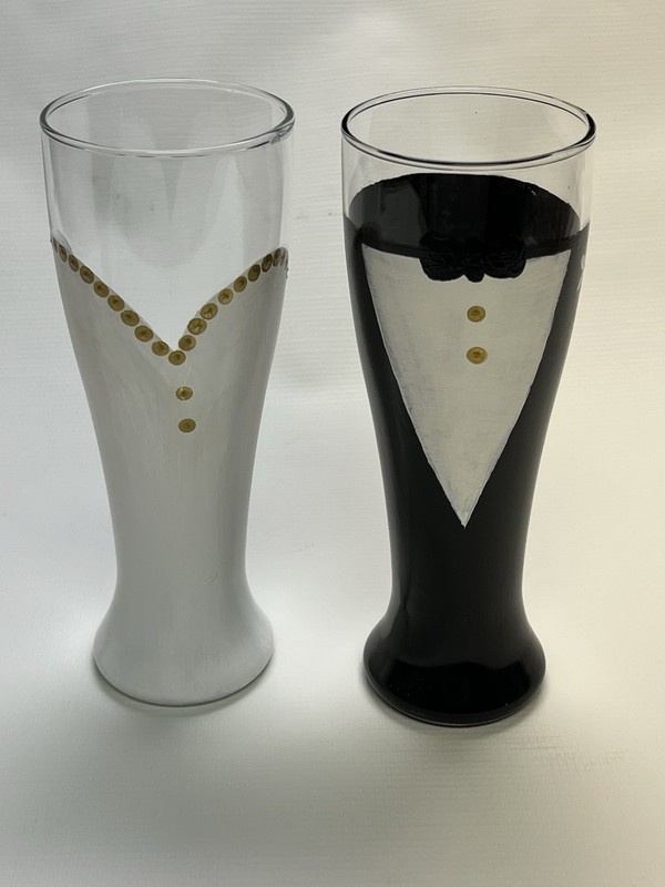 Set of 2 - Bridal Gown and Groom’s Tuxedo Hand Painted Beer Glasses Wedding Gift