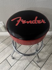 Retro Fender Round Bar Counter Swivel Stool Black  Red Vinyl W/Chrome Base 24  