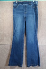 Spanx Women's Pull On Flare Leg Blue Stretch Denim Jeans Size XL 32X32 Frayed