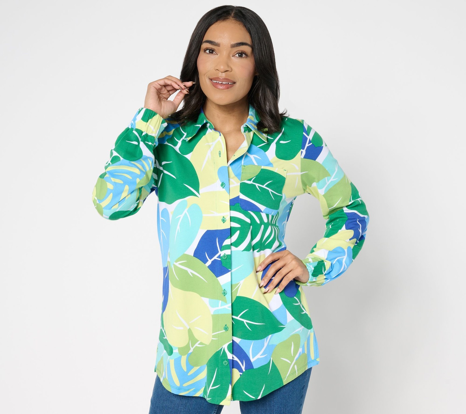 Denim & Co. Women's Top Sz L Beach Jersey Regular Button Multi-colored A705825
