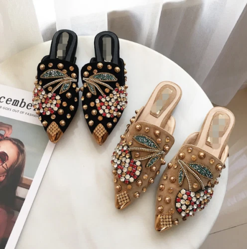 Sandalias planas de diamantes de imitación para mujer Sandalias con punta Mocasines sin cordones Zapatos de mula Foto 2 de 4